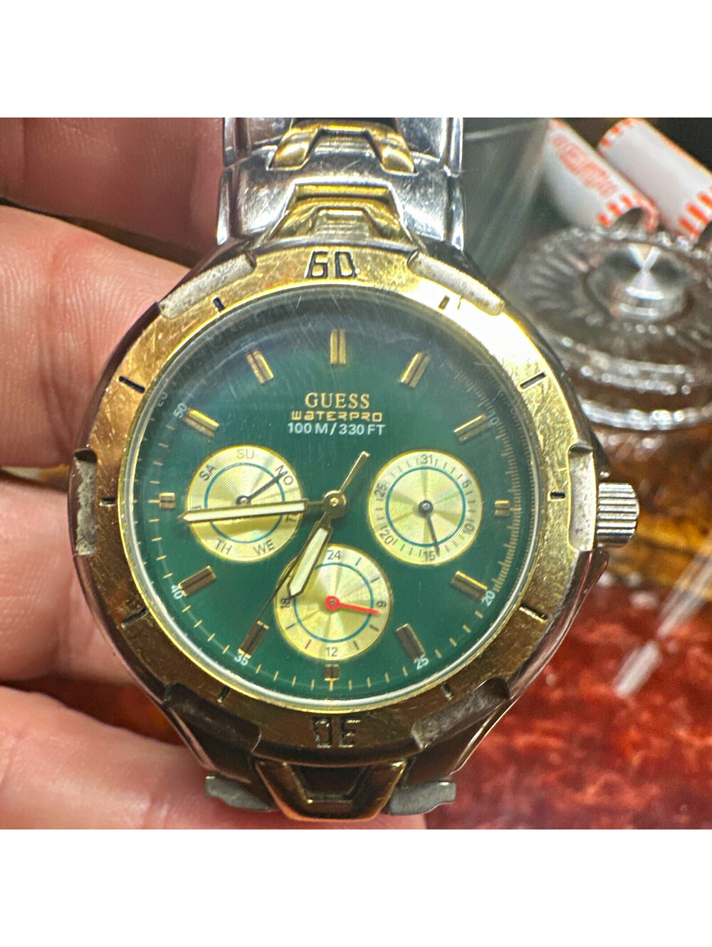 GUESS Waterpro Quartz 100m Green Dial Multi-Dial Two-Tone Bracelet Watch